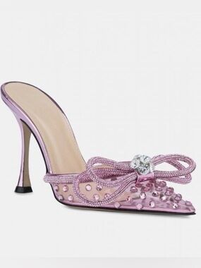MACH & MACH Pink Crystal PVC Bow Accent Pointed Stiletto Mules